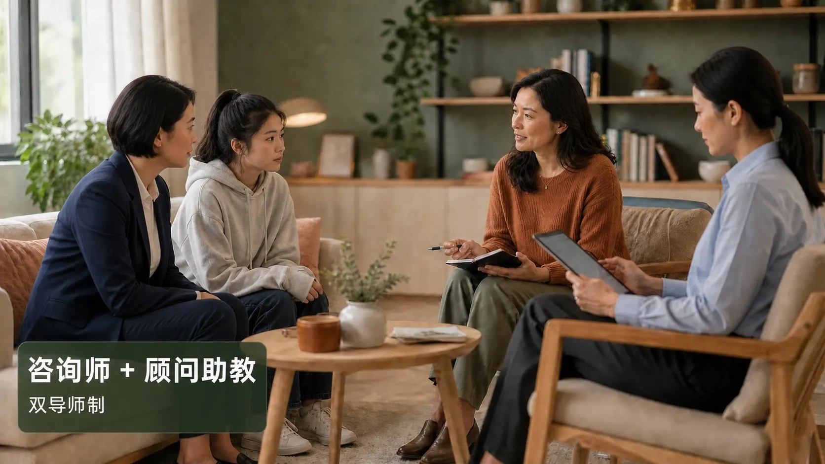 塔儿心理咨询室实景：咨询师与顾问助教二对一陪伴一对母女来访（双导师制）