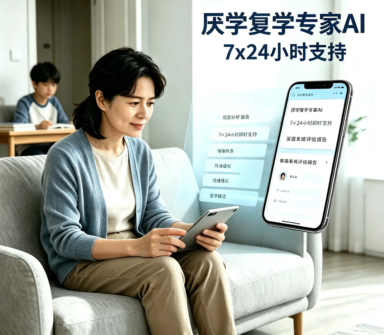 家长在沙发上使用平板进行线上咨询，屏幕展示厌学复学专家 AI 的 7x24 小时支持界面